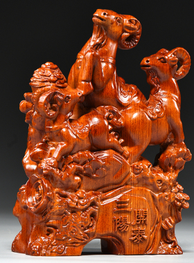 花梨木雕三羊泰实木质三阳泰家居客厅办公室装饰工艺礼品