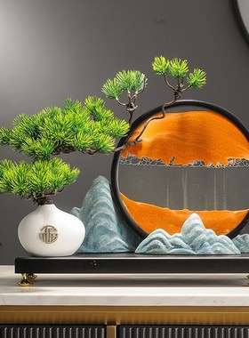 迎客松山水流沙画摆件中式禅意玄关办公室工艺品茶室沙漏装饰品