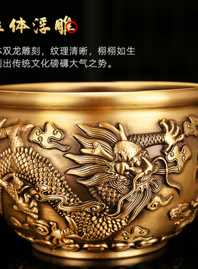 纯铜聚宝盆双龙百福缸摆件客厅办公室玄关招财聚财米缸黄铜缸铜器