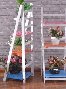 美式田园桌面木质三层花架多层花盆景架书架多肉花盆花架阶梯折叠