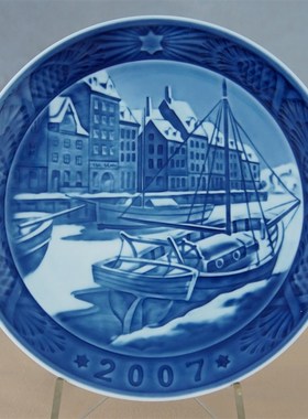 西洋收藏丹麦哥本哈根1989-2008蓝色圣诞主题盘生日盘摆件送支架