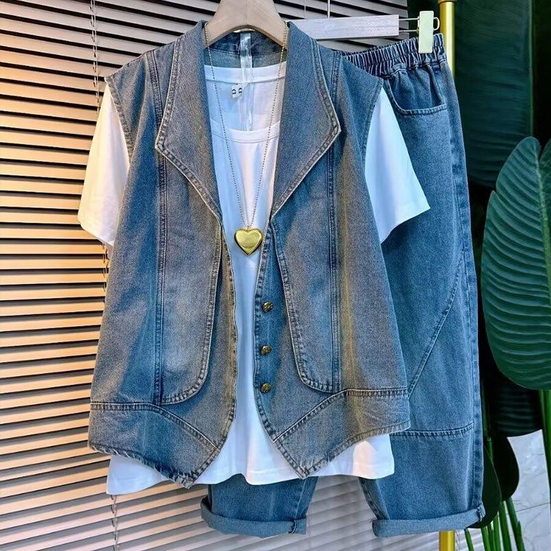 加肥大码女装翻领牛仔马甲长裤休闲两件套胖妹妹短袖白色T恤衫潮,淘宝优惠券,粉丝福利购,淘宝优惠卷