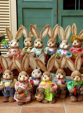 创意手工草编兔子情侣轻奢玄关柜阳台餐厅布置家居花盆装饰摆件