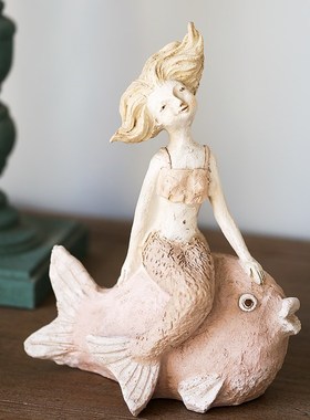 油画质感摆件 创意手工树脂园艺装饰品家居卧室可爱萌 美人鱼少女