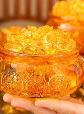 招财黄色水晶摆件聚宝盆琉璃小元宝小金条迷你放办公桌玄关收银台