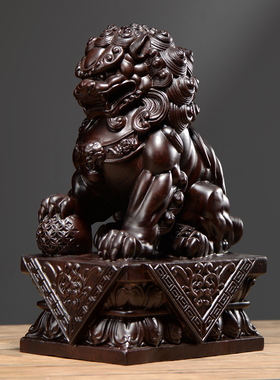 黑檀木雕狮子摆件实木一对宫门狮家居办公桌面装饰工艺品开业送礼
