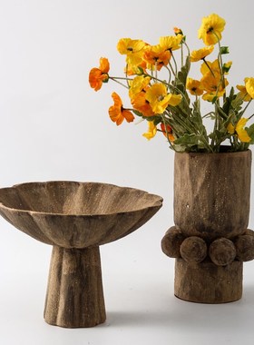 复古怀旧侘寂风陶瓷花器花边果盘摆件样板间酒店民宿展厅花瓶装饰