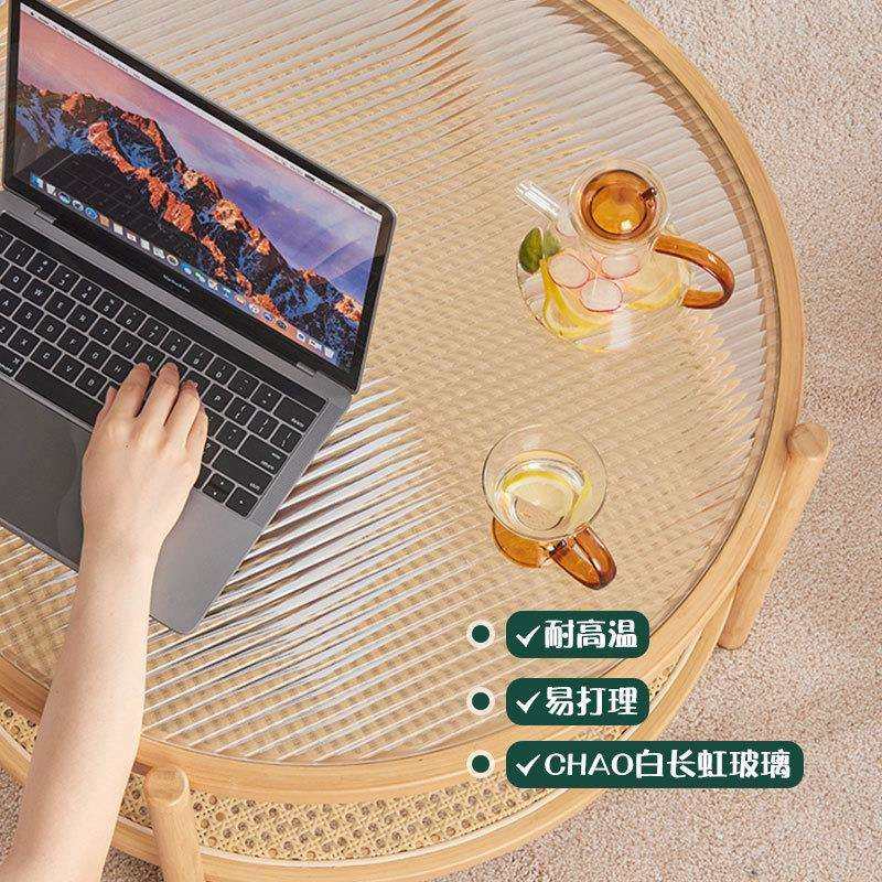 日式圆形实木藤编玻璃茶几客厅家用小户型现代简约沙发边几小茶桌,淘宝优惠券,粉丝福利购,淘宝优惠卷