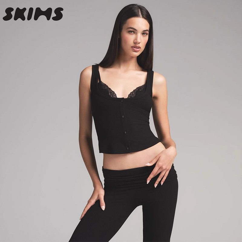 SKIMS HIRE SOFT LOUNGE情人节蕾丝假两件短袖开衫吊带背心上衣女 - 图0