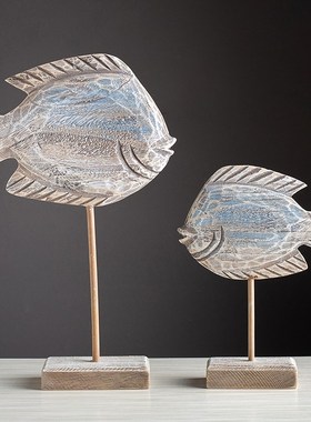 海洋风格实木手工雕刻鱼摆件地中海桌面摆设样板房软装电视柜摆台