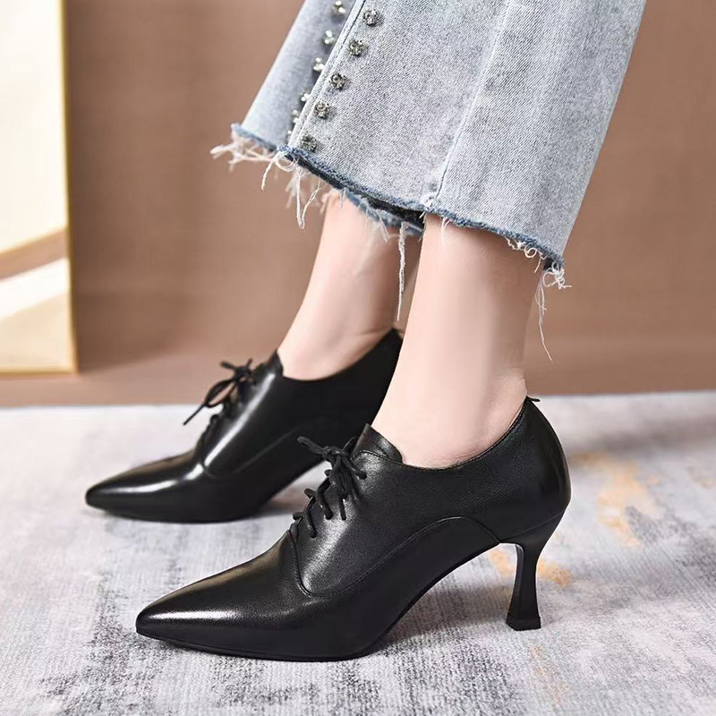 2025春秋新款细跟深口高跟鞋气质真皮尖头单鞋系带百搭黑色女皮鞋 - 图1