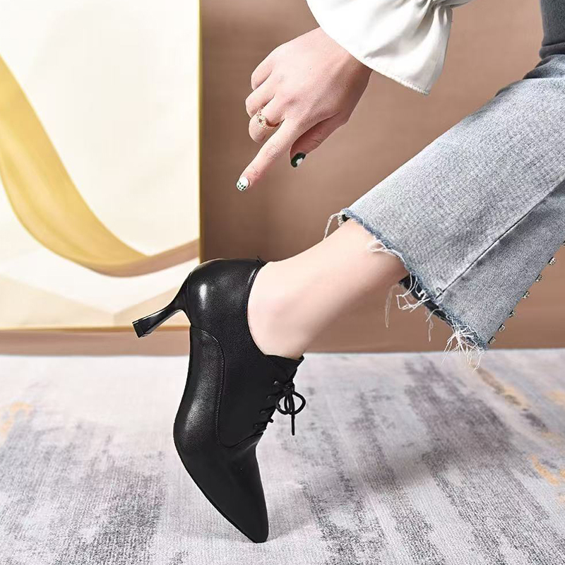 2025春秋新款细跟深口高跟鞋气质真皮尖头单鞋系带百搭黑色女皮鞋 - 图2