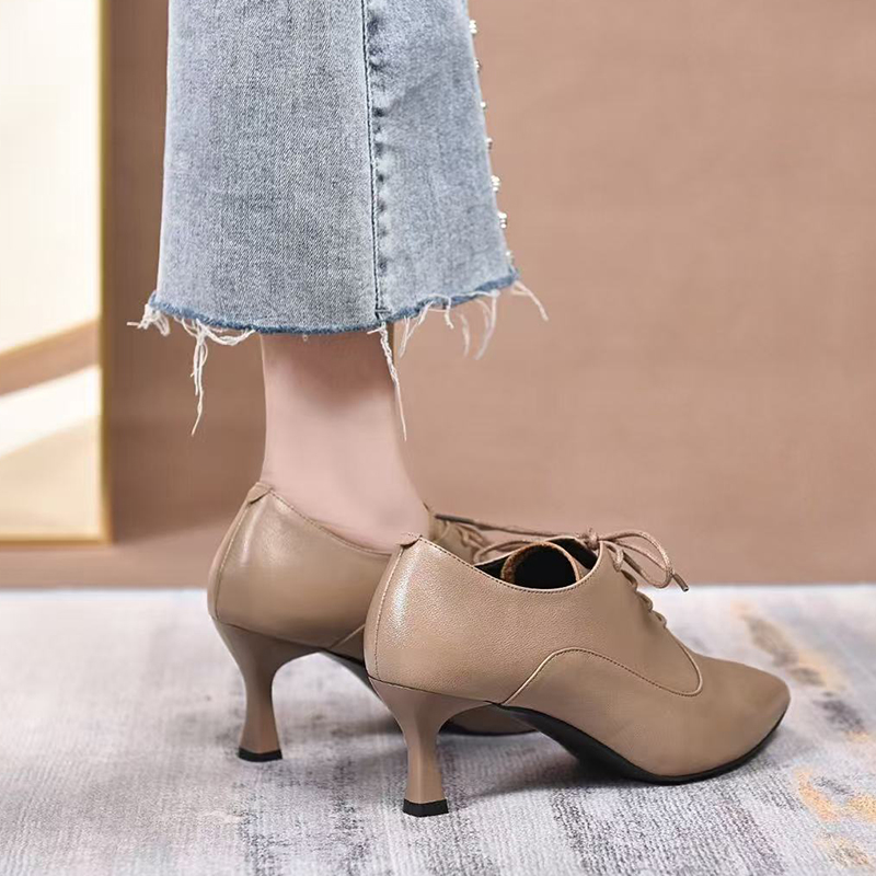 2025春秋新款细跟深口高跟鞋气质真皮尖头单鞋系带百搭黑色女皮鞋 - 图0