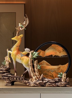 新中式流沙画小鹿摆件玄关客厅酒柜电视柜招财家居装饰品搬家新房