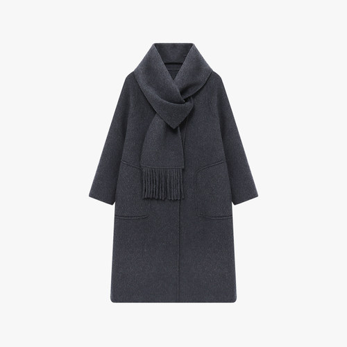 Basic House/百家好冬圆领带围巾简约双面呢大衣女保暖中长款外套 - 图0