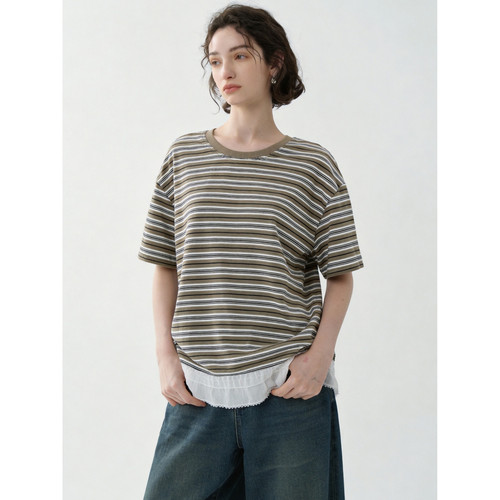 Basic House/百家好莱赛尔蓝色条纹短袖T恤女夏季拼接上衣小个子 - 图2