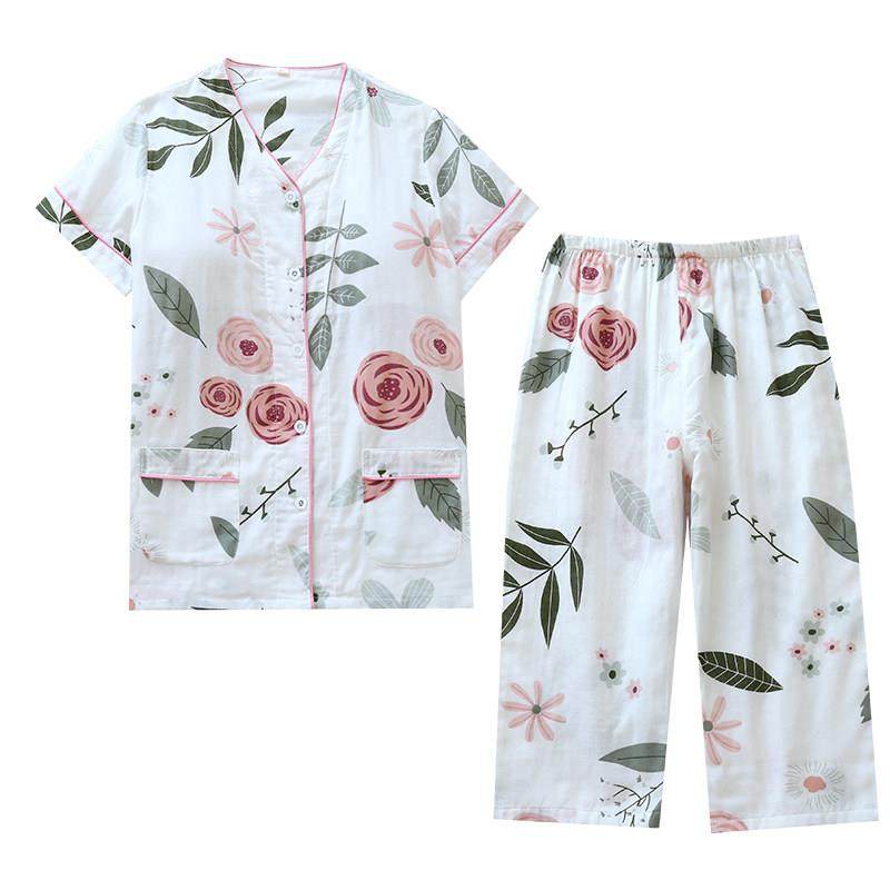 免文胸全棉双层纱布女睡衣套装中裤短袖长裤七分裤带胸垫夏季薄款,淘宝优惠券,粉丝福利购,淘宝优惠卷