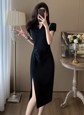 春夏黑色复古百搭小众设计感垫肩高腰不规则开叉中长款V领连衣裙