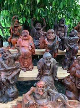 老挝大红酸枝木 十八罗汉红木工艺品摆件 交趾黄檀木雕佛像