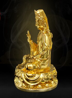 观音菩萨家用供奉观音佛像客厅大号摆件黄铜贴金坐莲观世音送子像