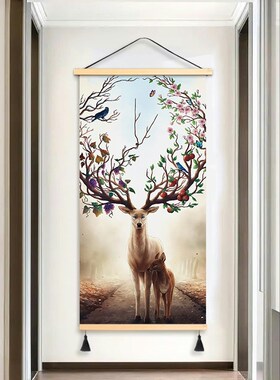 招财鹿进门玄关饰画布画墙画免打布艺挂画超大挂布遮挡背景布