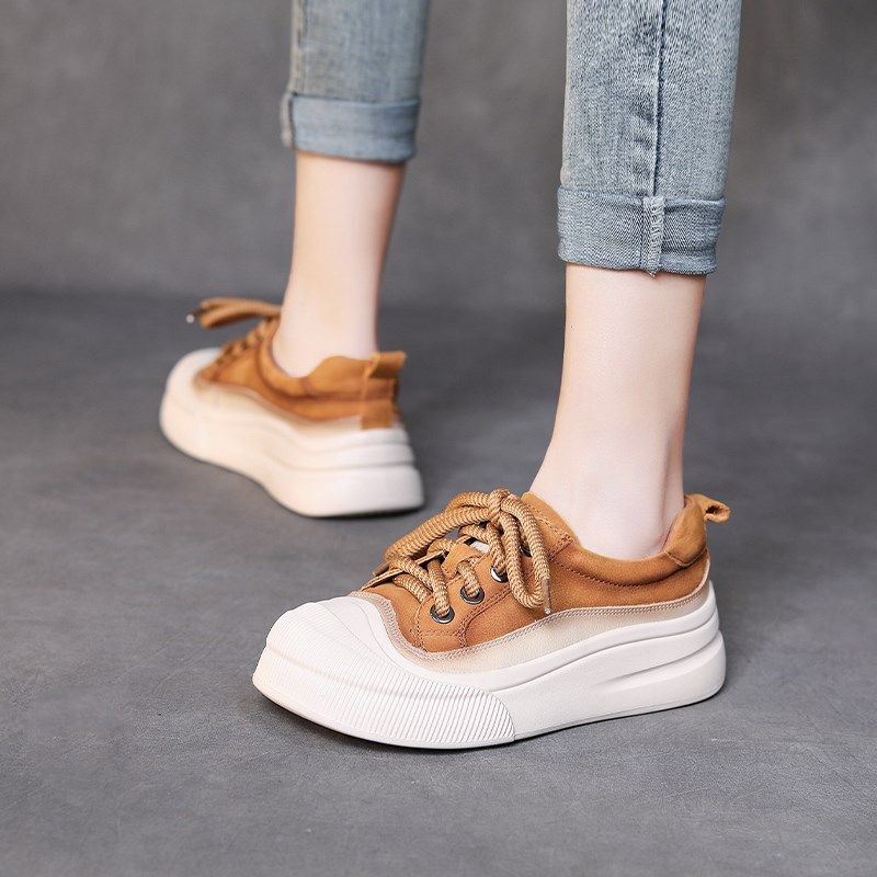 2024年春季新款真皮休闲鞋女圆头厚底坡跟单鞋复古风百搭深口板鞋,淘宝优惠券,粉丝福利购,淘宝优惠卷