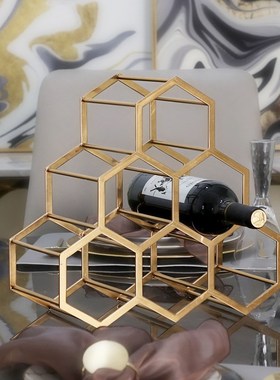 轻奢创意金属红酒架摆件简约酒瓶格子样板房餐厅客厅酒柜装饰摆设
