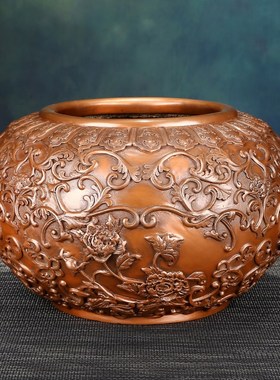 紫铜牡丹缸聚宝盆铜缸摆件客厅办公室居家工艺品乔迁开业礼品