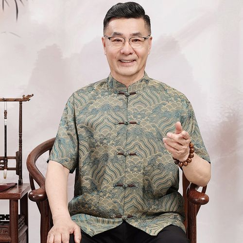 中老年唐装男夏季薄款短袖套装冰丝衬衫爸爸装中国风60岁70爷爷装 - 图1