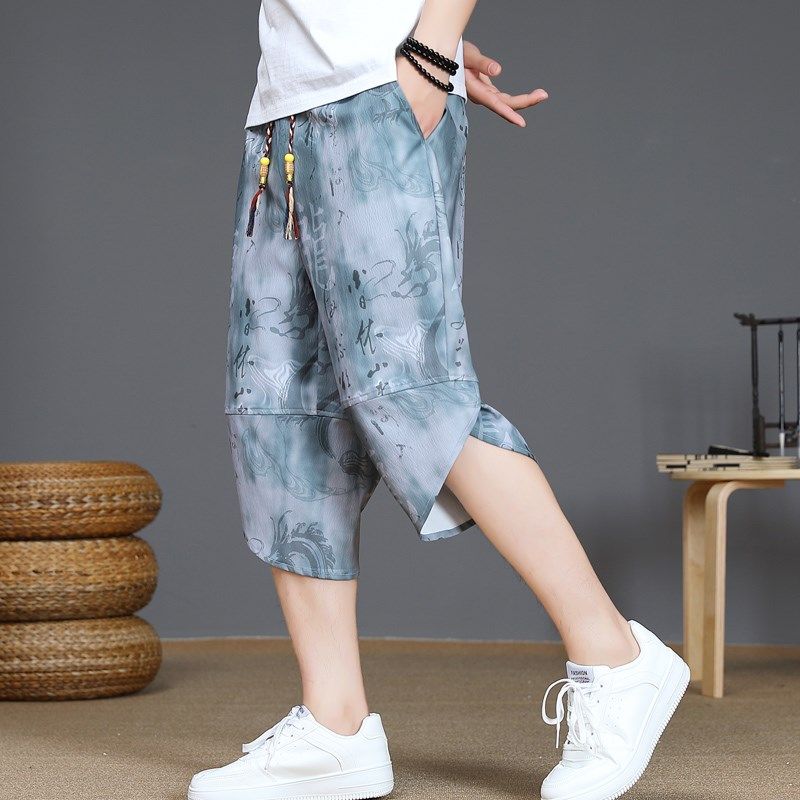 中国风七分裤男士夏季新款薄款宽松休闲裤凉感冰丝短裤男装哈伦裤,淘宝优惠券,粉丝福利购,淘宝优惠卷