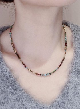 春夏复古绿色彩色串珠装饰项链细小众锁骨链叠戴高级感毛衣链配饰