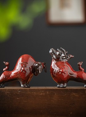 牛市吉祥物陶瓷红色牛牛气冲天创意家居客厅招财装饰品生肖牛