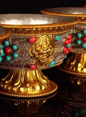 尼泊尔掐丝手工纯铜供水碗藏式供水杯圣水杯镶嵌宝石七供杯摆件
