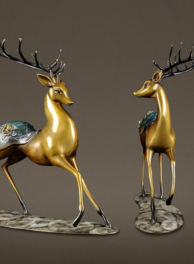 铜金岁月黄铜鹿摆件梅花福鹿工艺品新中式玄关办公室家居装饰品