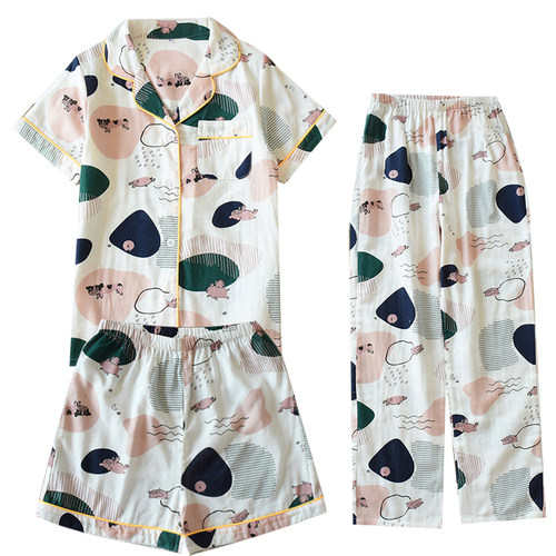 三件套睡衣女士春夏秋款纯棉纱布短袖短裤长裤家居服套装薄款宽松 - 图3