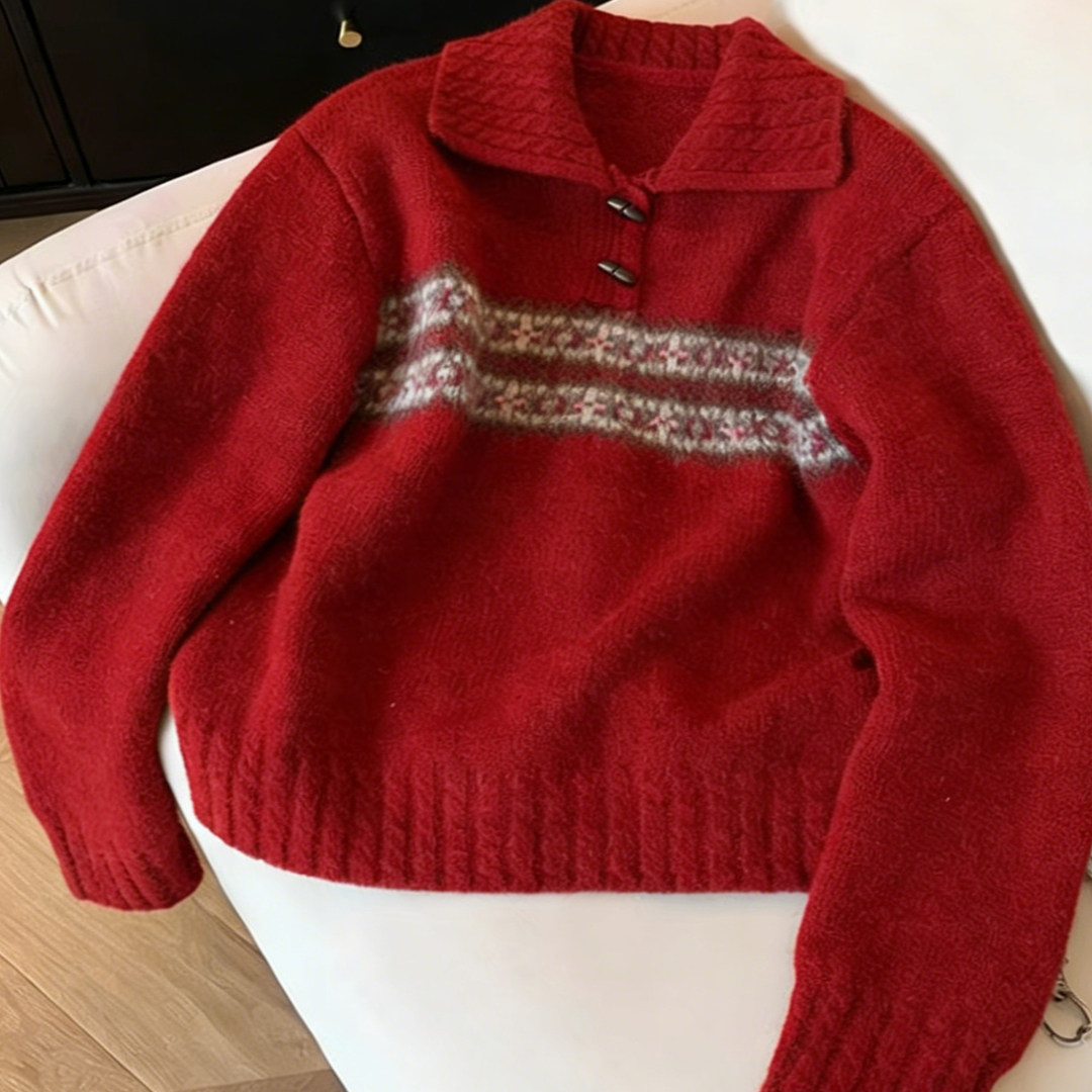 韩系复古费尔岛翻领牛角扣针织毛衣女冬季新款宽松显瘦大码上衣潮,淘宝优惠券,粉丝福利购,淘宝优惠卷