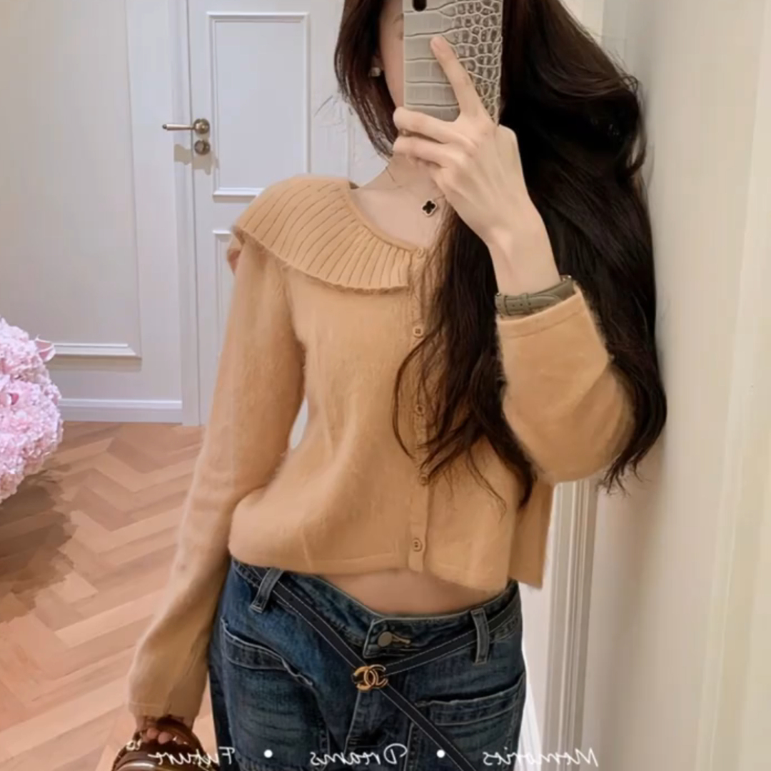 秋冬温柔系氛围感穿搭2025新款超好看软糯荷叶领甜美减龄针织毛衣 - 图1