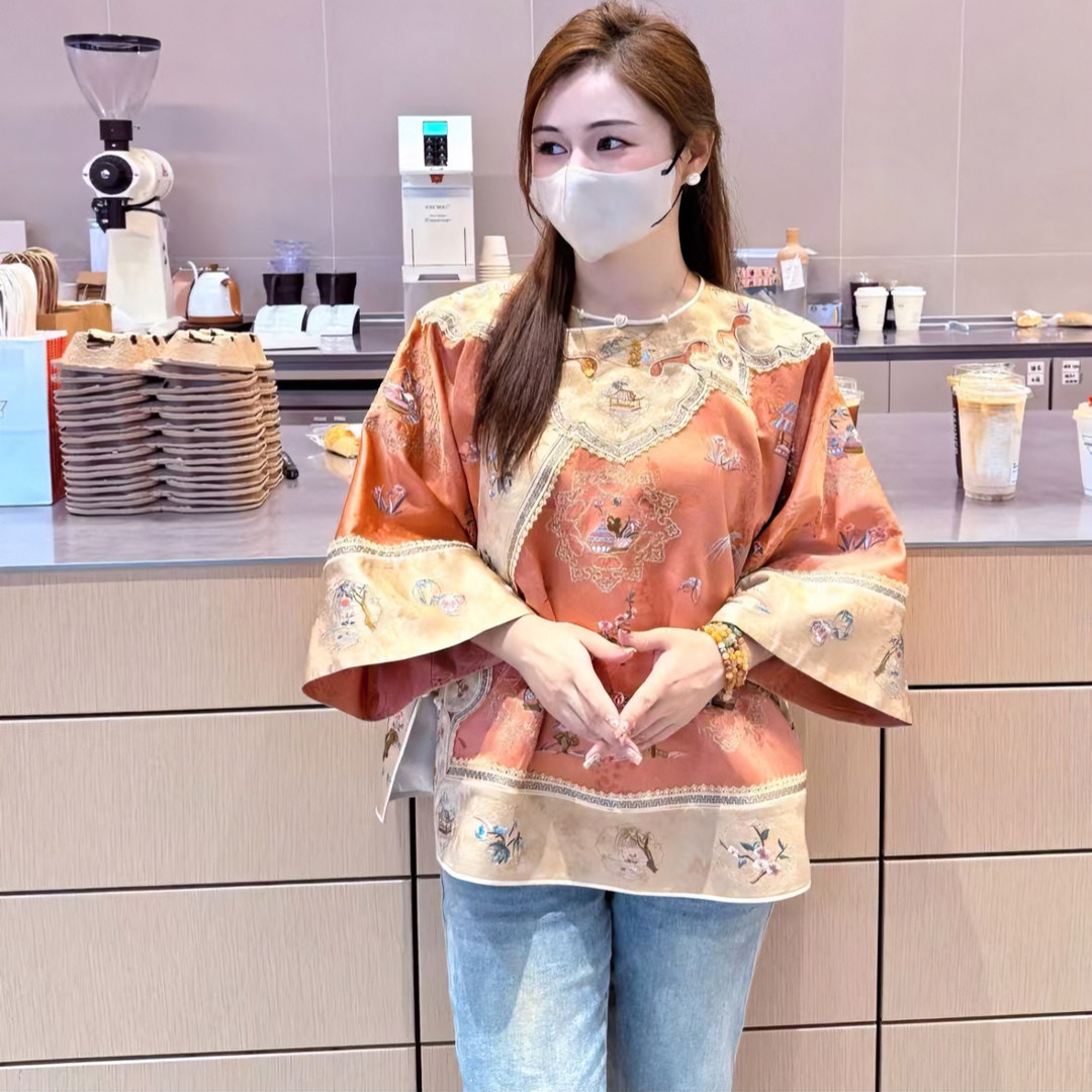 新中式复古高级感唐装重工印花衬衫秋季新款国风盘扣宽松胖mm上衣,淘宝优惠券,粉丝福利购,淘宝优惠卷