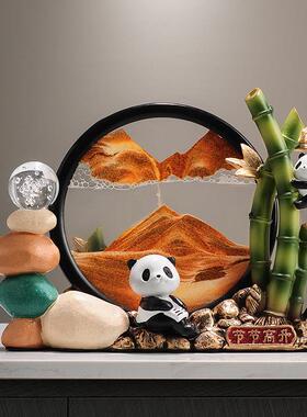时来运转熊猫流沙画摆件入户玄关客厅富贵竹招财装饰乔迁开业礼物