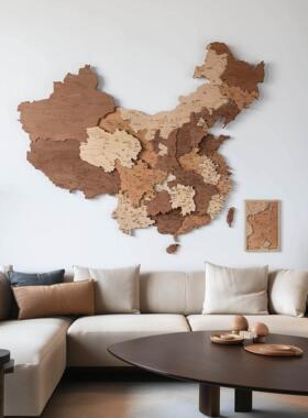 梯木叠雕木质创意地图中国墙面装饰3d立体装饰画简约创意挂画壁饰
