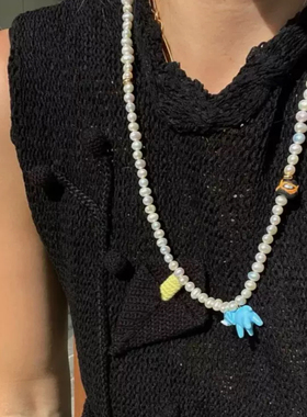 蓝色童趣小象项链天然珍珠串珠小众设计高级感项链