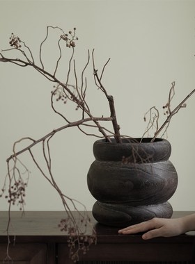 栗石侘寂风复古做旧实木花器摆件样板间民宿装饰中古艺术插花木盆