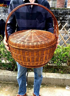 。手工编织老式竹编筐子水果收纳筐带盖复古大号竹篮子拜拜提篮