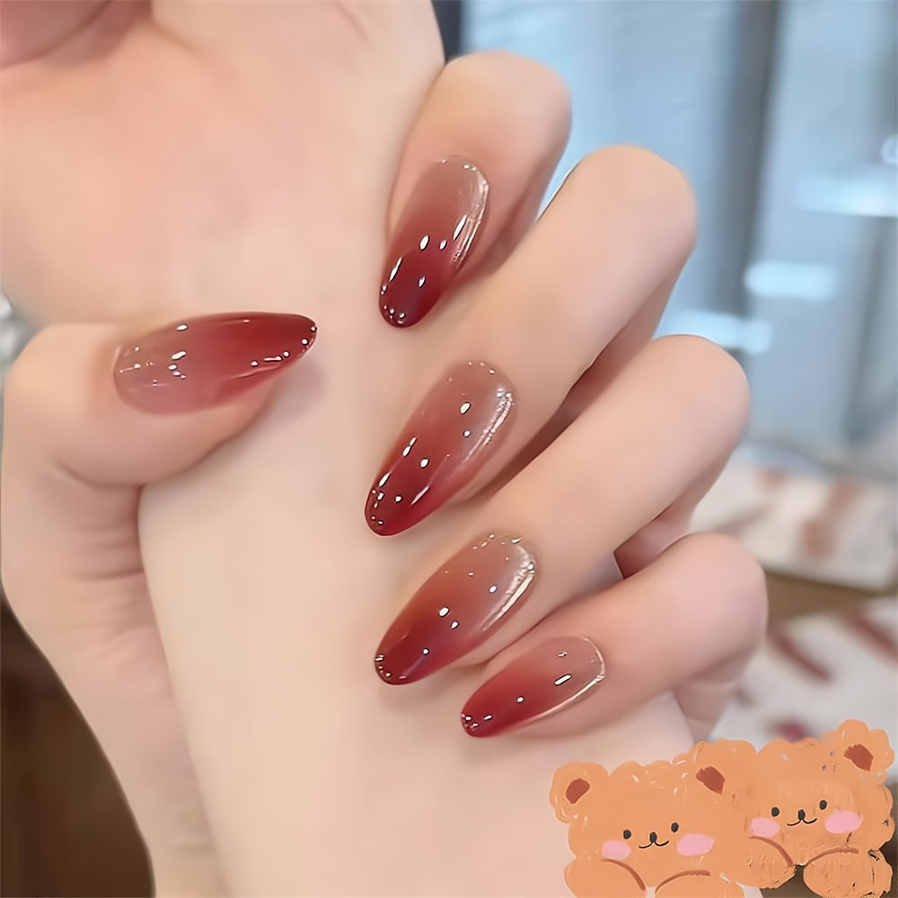 小红书中长款酒红椭圆美甲贴片裸色渐变极光显白红色穿戴甲假指甲,淘宝优惠券,粉丝福利购,淘宝优惠卷