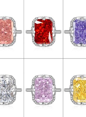 轻奢小众设计高碳钻冰花切超闪彩色满钻戒指时尚长方红色豪镶指环