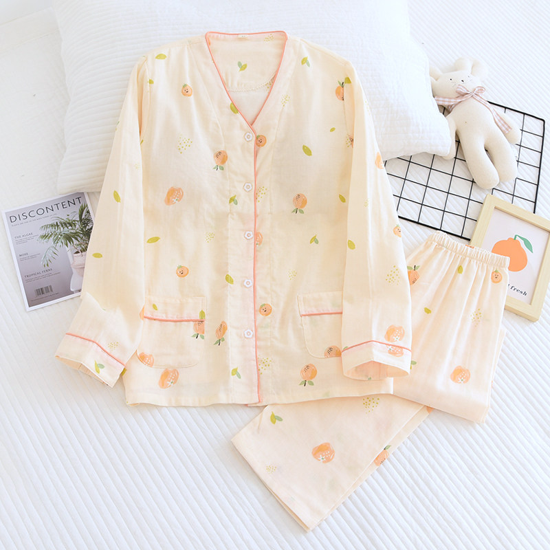 免文胸双层纱布长袖套装睡衣女春秋季薄款家居服宽松带胸垫纯棉夏,淘宝优惠券,粉丝福利购,淘宝优惠卷