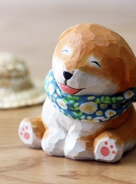动物旺财狗柴犬汽车摆件家居饰品木雕小狗招财桌面小摆件周边礼物