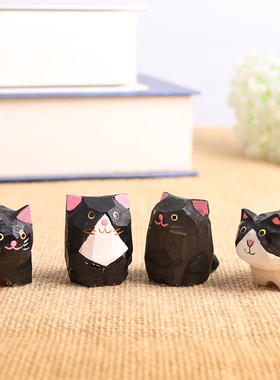 手工木雕小猫咪桌面摆件木质雕刻工艺品呆萌可爱创意礼品玩具玩偶