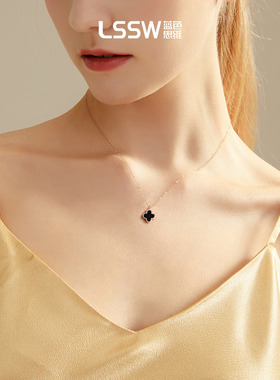 纯银四叶草项链黑玛瑙吊坠锁骨链