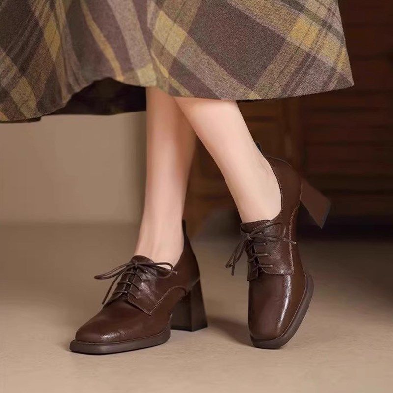 复古系带深口单鞋女2025年新款方头高跟小皮鞋法式粗跟英伦风女鞋,淘宝优惠券,粉丝福利购,淘宝优惠卷